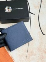 Prada Bags 75PRADA Men's Short Wallet Counter Latest Style, Official Website Synchronization, Genuine Development, Model 2M0513# Color as shown, blue. The blue leather texture is excellent, with threaded lining. Imported white steel hardware accessories feature a complex color-blocking design, making it more fashionable and unique. Dimensions: Length 11cm, Height 9cm - Image 3