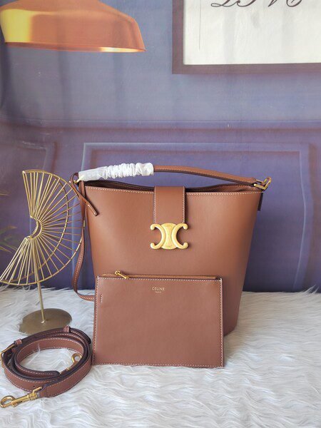 Celine Bags 230 Style No. 116613 Brown Bucket Bag gold Finish, Handheld, Shoulder and Crossbody, Leather Flap, Equipped with TRIOMPHE Magnetic Clasp, 1 Internal Detachable Zipper Pocket FLECHE: 9CM, Dimensions 28cm-24cm-16cm