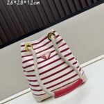 Prada Bags Batch 230 Prada New Products Let's Check Out This Season's Super Eye-catching Bags Canvas Striped Mariner Bucket Handbag, Red and White Stripes Woven Handle ~ Large capacity, ultra-lightweight, especially suitable for commuting! color scheme also suits vacation well⛱ The bag design is very thoughtful with metal rings on both sides, allowing you to hang your favorite doll pendants freely ​ Dimensions 26x28x12, model 2548
