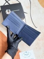 Prada Bags 75PRADA Men's Short Wallet Counter Latest Style, Official Website Synchronization, Genuine Development, Model 2M0513 # Color as shown, blue. The blue leather texture is excellent, with threaded lining. Imported white steel hardware accessories feature a complex color-blocking design, making it more fashionable and unique. Dimensions: Length 11cm, Height 9cm - Image 4